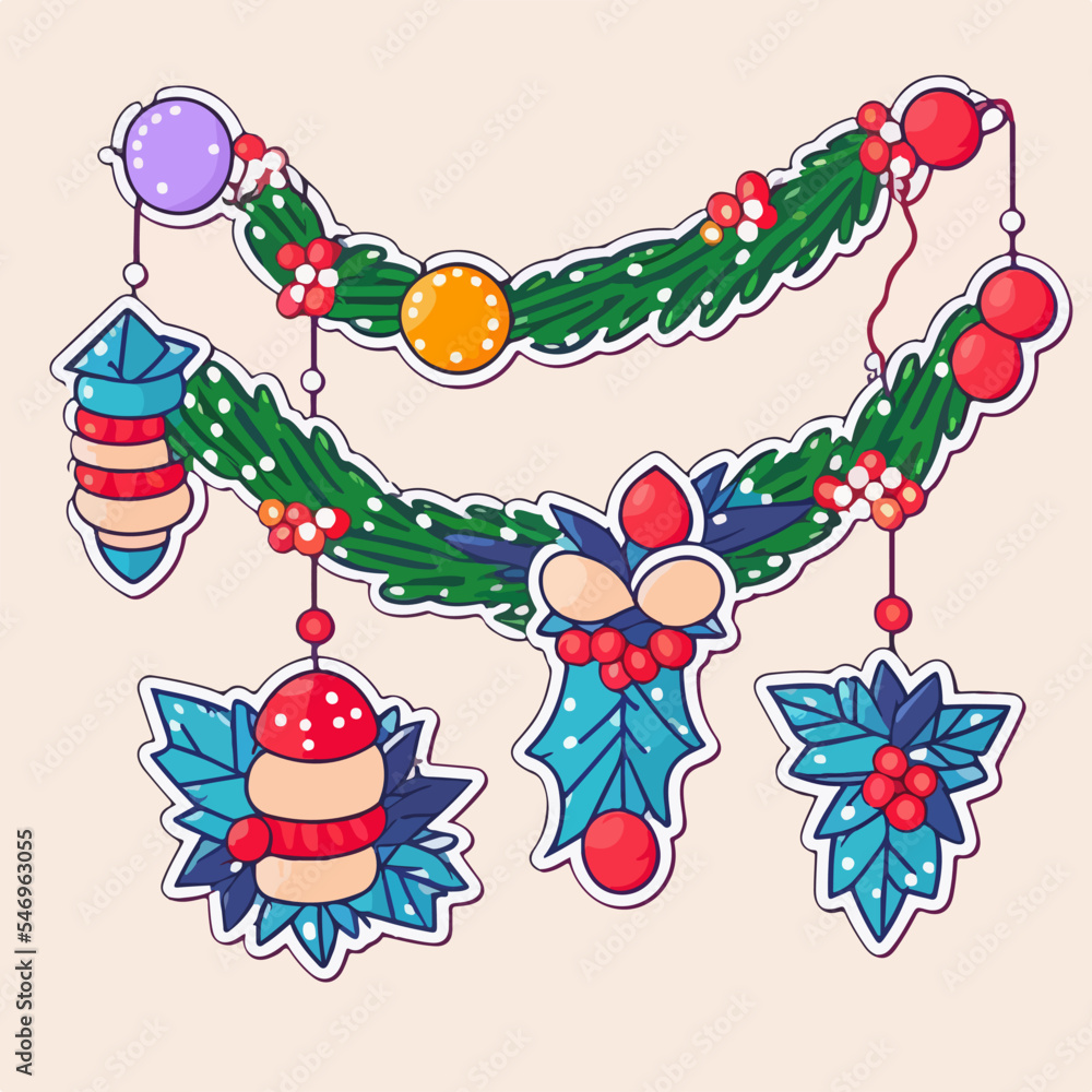 Christmas garland cartoon sticker, xmas omela printable stickers sheet. New-year collection Christmas garland cartoon sticker, xmas omela printable stickers sheet. New-year collection