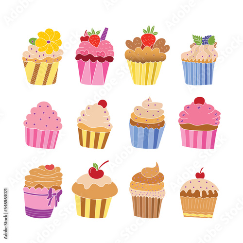 Variety of colorful and delicious cupcakes and yogurt illustrations