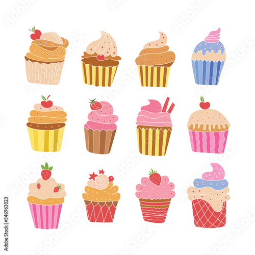 Variety of colorful and delicious cupcakes and yogurt illustrations