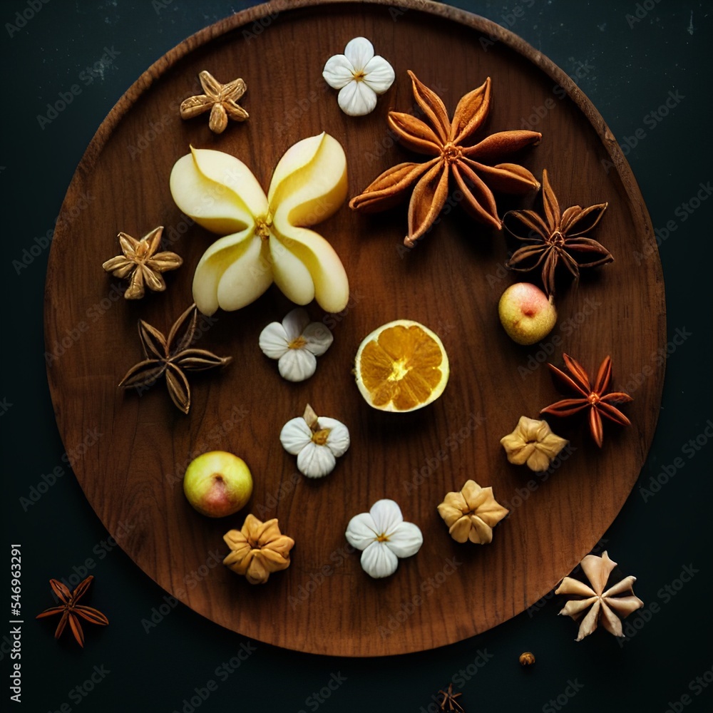 Fototapeta premium AI-generated Abstract Table Top Image Of Mixed Christmas Spices And Fruits