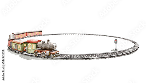 Watercolor vintage children toy miniature round railway with train isolated on white background. Hand drawn illustration sketch photo