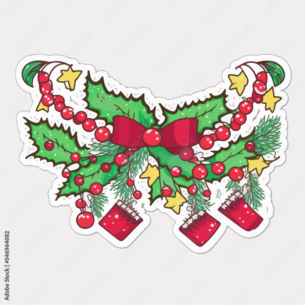 Sticker template with christmas garland, xmas cute omela stickers. Winter holidays