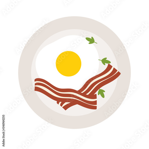 Simple flat traditional morning breakfast fried egg, bacon, greens on a white plate