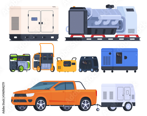 Electric generators for power supply. Portable power supply for the operation of electrical appliances. Operation when the light is turned off. Vector illustration