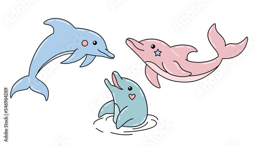 Set of cute cartoon funny dolphins. Hand drawn vector illustration isolated on white. 