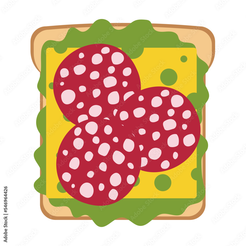 Simple flat toast sandwich with green lattuce, yellow square cheese and round salami sausage slices Simple flat toast sandwich with green lattuce, yellow square cheese and round salami sausage slices