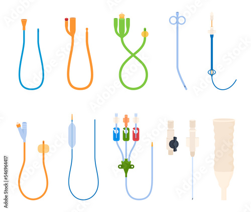 Medical sterile catheters for patient treatment. Medical tools for accessing blood vessels and internal organs. Vector illustration photo