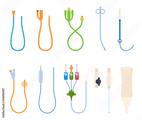 Medical sterile catheters for patient treatment. Medical tools for accessing blood vessels and internal organs. Vector illustration