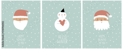 Cute Winter Holidays Vector Illustrations with Happy Santa Claus and Snowman on a Light Blue Background. Hand Drawn Christmas Print with Funny Santa in a Red Woolen Hat and Handwritten "ho ho ho".