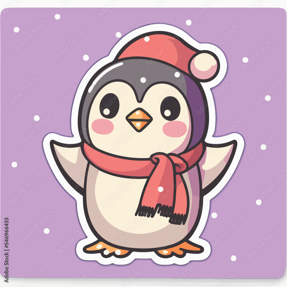 Christmas penguin cartoon sticker, xmas penguin in hat stickers isolated decoration. Winter holidays
