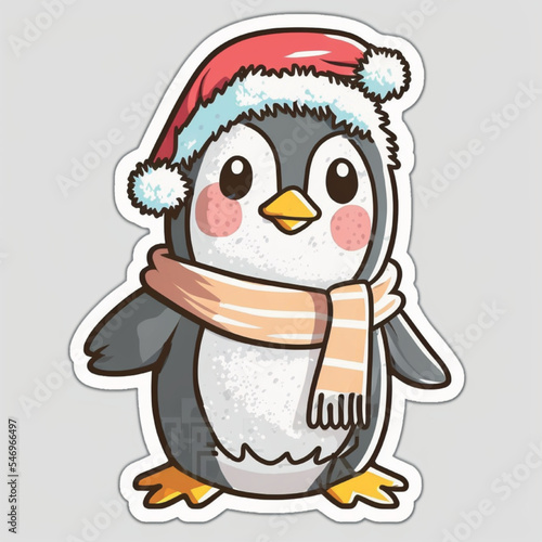 Christmas penguin cartoon sticker, xmas penguin in hat stickers cute. Winter holidays