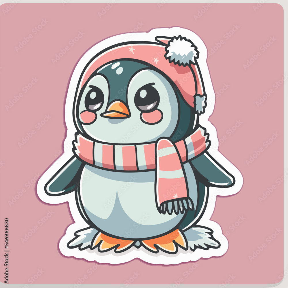 Christmas penguin cartoon sticker, xmas penguin in hat printable stickers sheet. Winter collection