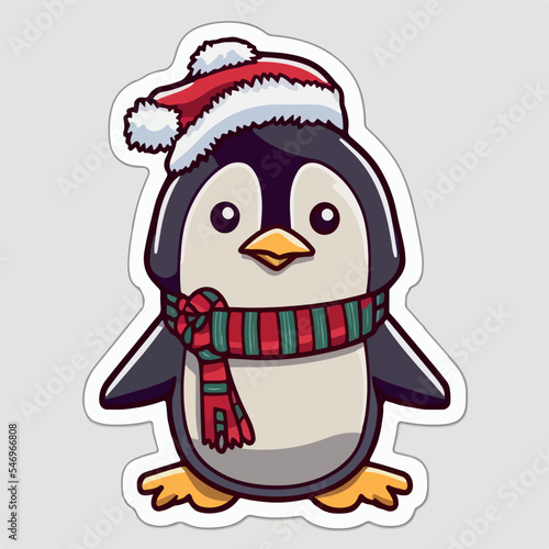 Christmas penguin cartoon sticker, xmas penguin in hat stickers cute. Winter collection