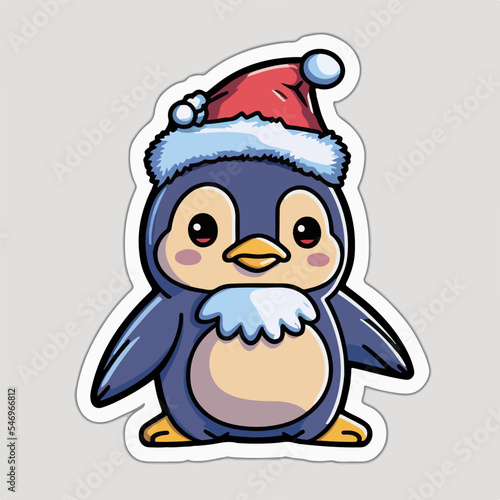 Christmas penguin cartoon sticker, xmas penguin in hat character stickers. Winter collection
