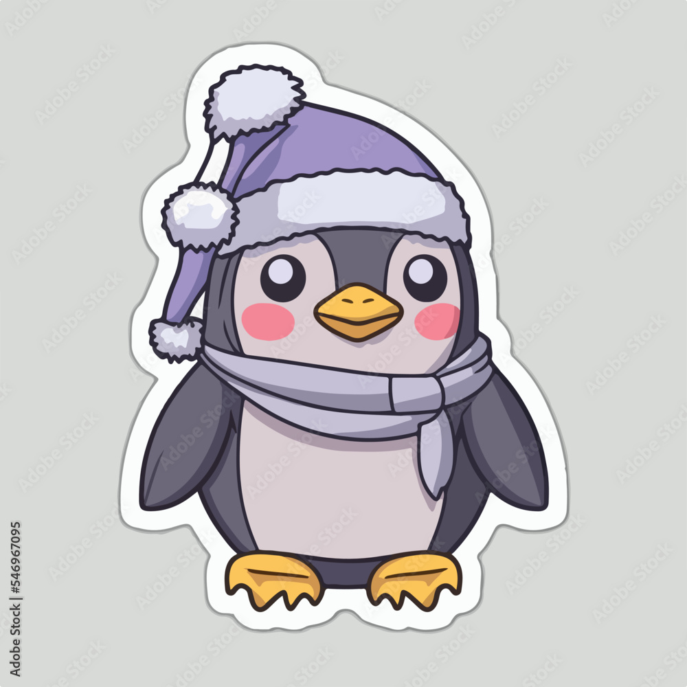 Christmas penguin sticker, xmas penguin in hat stickers elements. Winter collection