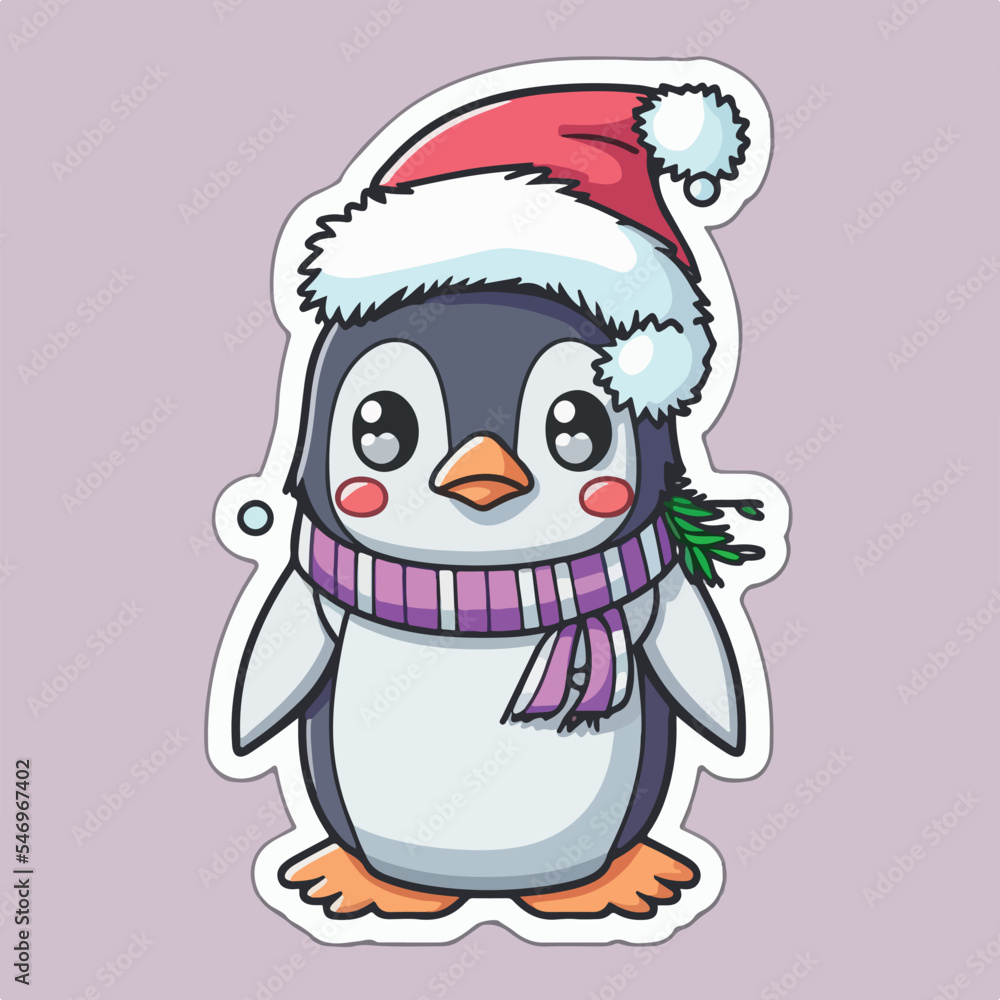 Naklejka premium Sticker template with christmas penguin, xmas penguin in hat stickers collection.