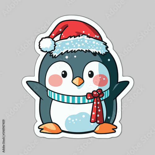 Sticker template with christmas penguin, xmas penguin in hat stickers cute. New-year collection