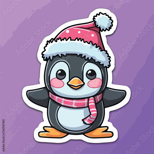 Sticker template with christmas penguin, xmas penguin in hat printable stickers sheet.
