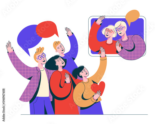 Family talk by video conference with elderly couples: grandfathers and grandmothers. Mother,father, children call to old parents. Computer communication, virtual video chatting