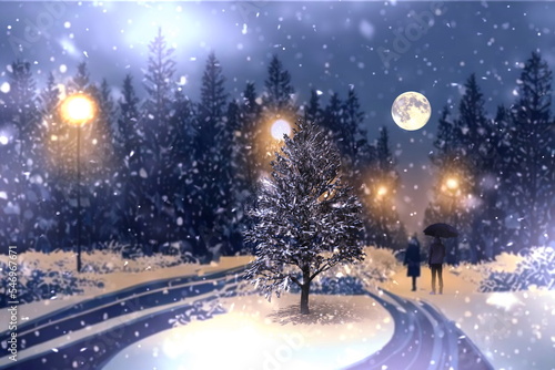 Winter in evening city park big moon ,street lantern ,light snoflakes fall covered by snow trees people walk with umbrellas romantic backgr5ound 
