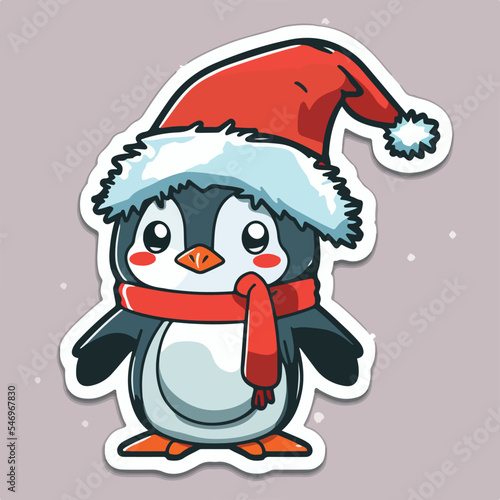 Sticker template with christmas penguin, xmas penguin in hat character stickers. Winter collection