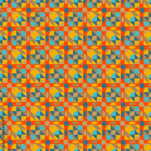 Seamless manycolored kaleidoscope pattern. Colorful repeating red green blue background. Ornamental geometric textile print on orange.