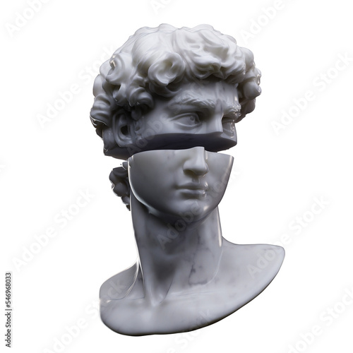 Abstract digital illustration from 3D rendering of male bust head of white marble sliced in two and isolated on light background. © Rrose Selavy