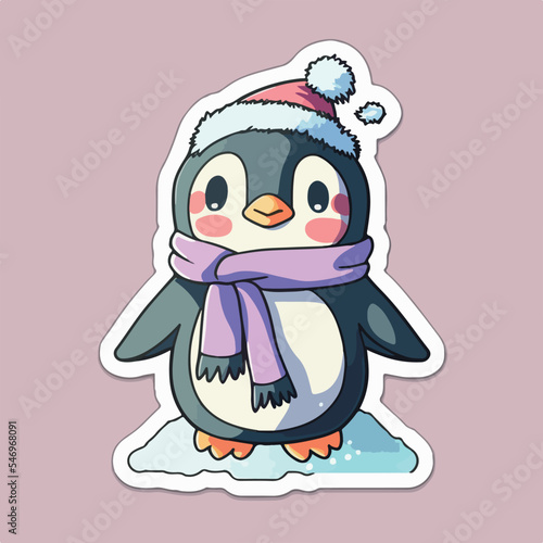 Christmas penguin cartoon sticker, xmas penguin in hat stickers collection. New-year collection