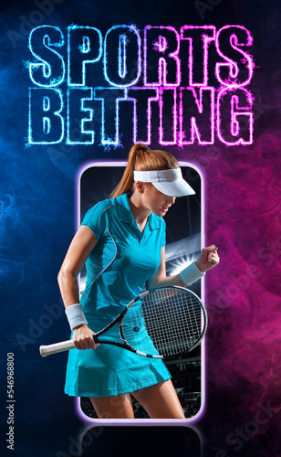 Sports betting on tennis. Tenis player tournament winner. Woman athlete playing on grand arena background. Vertical banner template for mobile application. © Mike Orlov