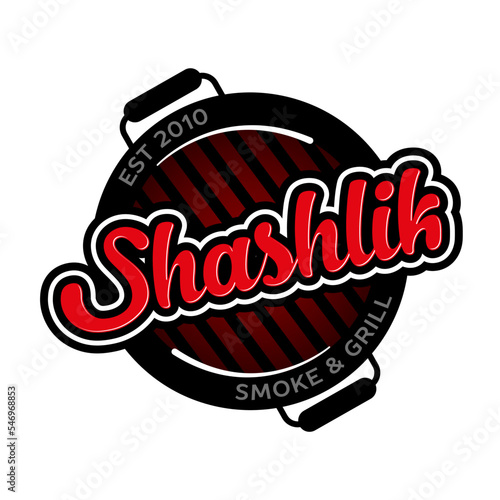 Grilled shashlik word logo template or emblem. Sign on a white background. Vector, illustration