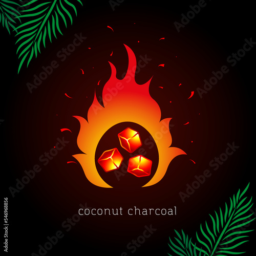 Red-hot coconut briquette and red flames of fire on a dark background. Coconut charcoal logo concept for grill, barbecue. Vector, illustration