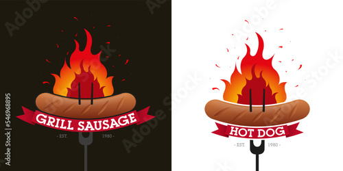 Grilled sausage and hot dog logo. The concept of fast food or picnic food preparation. Vector, illustration