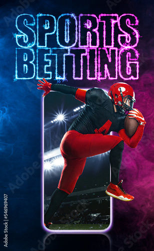 Sports betting on american football. Sportsman with ball in helmet on stadium in action. Bets in the mobile application.