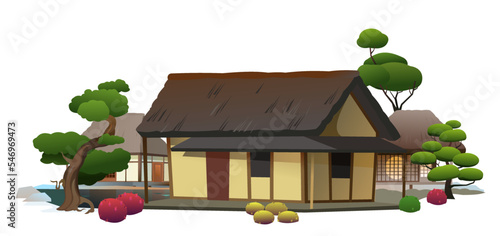 Traditional Japanese house. Small village. Rural dwelling with thatched roof. illustration vector.