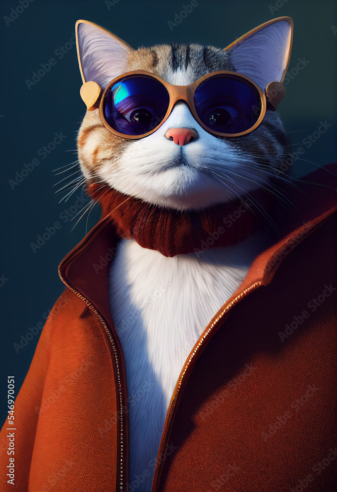 cute baby cat wearing coat and sunglasses , portrait, 3d illustration
