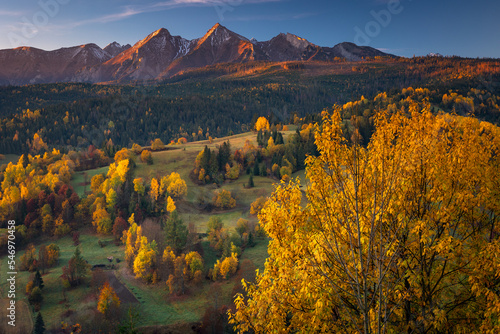 Fototapeta Naklejka Na Ścianę i Meble -  Autumn views near the village of Osturnia in Slovakia. Colorful trees harmonize beautifully with the Tatra Mountains in the background.