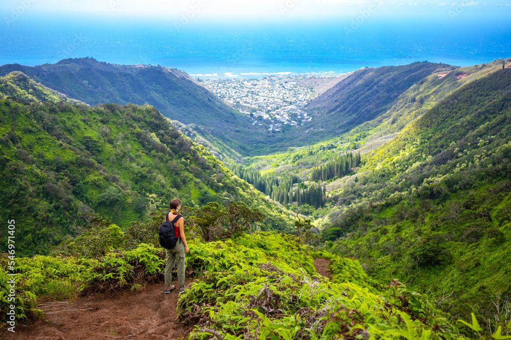 hiker girl enjoys the panorama of oahu island and honolulu in hawaii islands while climbing wiliwilinui ridge trail; hiking on green mountains in hawaii, holidays in hawaii hiker girl enjoys the panorama of oahu island and honolulu in hawaii islands while climbing wiliwilinui ridge trail; hiking on green mountains in hawaii, holidays in hawaii