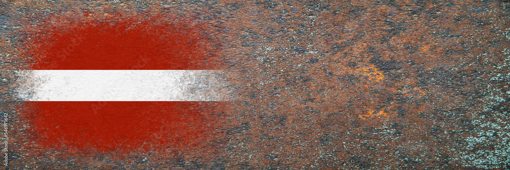 Flag of Latvia. Flag painted on rusty surface. Rusty background. Copy space. Textured creative background Flag of Latvia. Flag painted on rusty surface. Rusty background. Copy space. Textured creative background