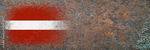 Flag of Latvia. Flag painted on rusty surface. Rusty background. Copy space. Textured creative background