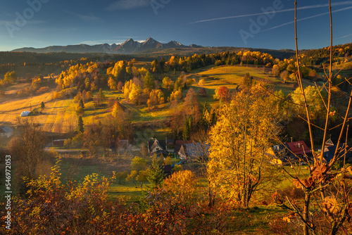 Autumn views near the village of Osturnia in Slovakia. Colorful trees harmonize beautifully with the Tatra Mountains in the background.