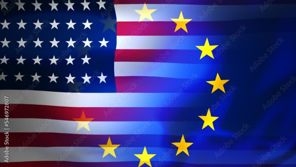 USA and Europe flags waving together versus each other USA and Europe flags waving together versus each other