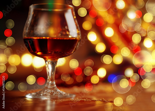 elegant glass of brandy on an expensive mahogany wood table, off-center, christmas lights, bokeh background.