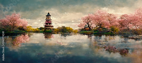 Foto illustration of a calm lake with Japanese cherry trees around