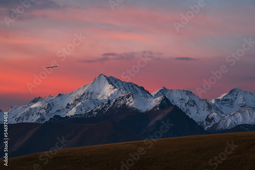 Snowy mountain peaks at dawn. Purple sunset over majestic mountains. Sunset in magenta tones. Atmospheric purple landscape with a high-altitude snowy mountain valley.