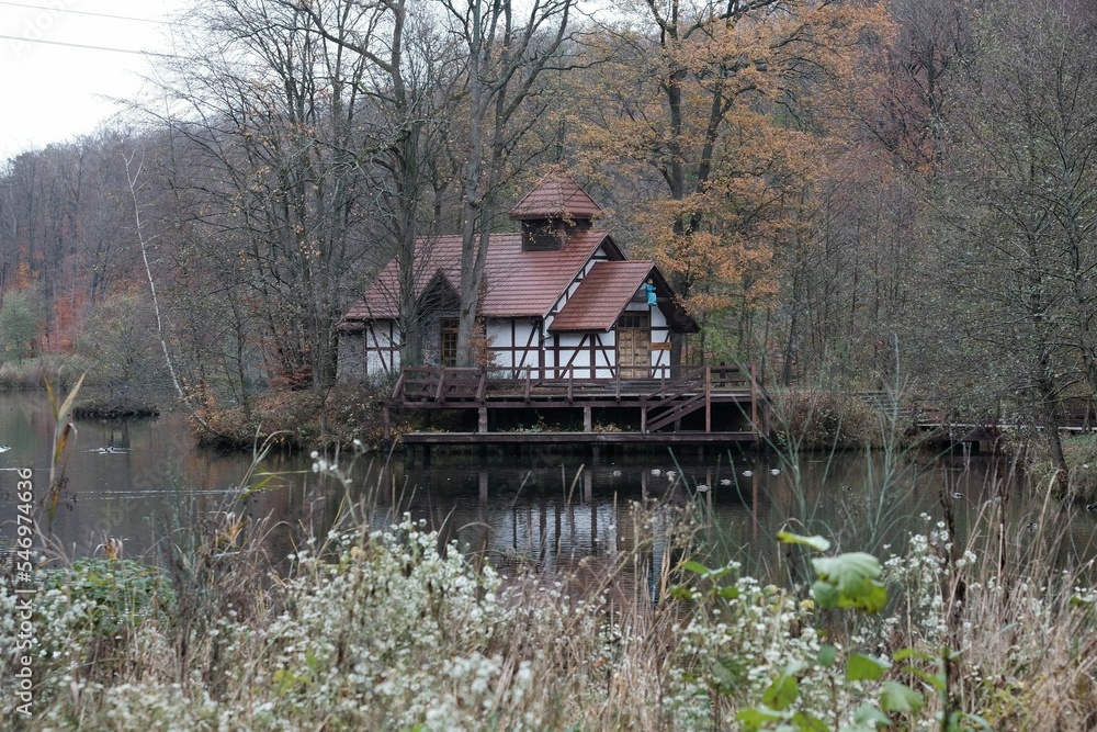 Obraz premium Chapel on water in Charlotta Valley near Ustka, Pomerania, Poland. Charlotta Valley is known for its Rock Legend Festival
