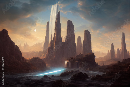 a beautiful futuristic landscape between mountains and waterfalls, science fiction