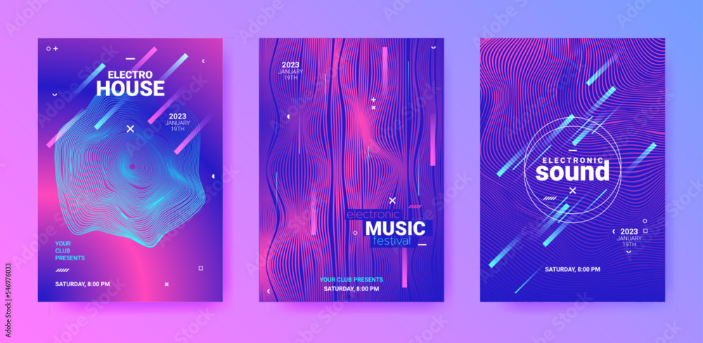 Dance Posters. Electronic Sound Flyer. Techno Party Cover. Vector Dj Background. Abstract Dance Poster Set. Geometric Festival Banner. Gradient Distort Waves. Futuristic Abstract Dance Poster.