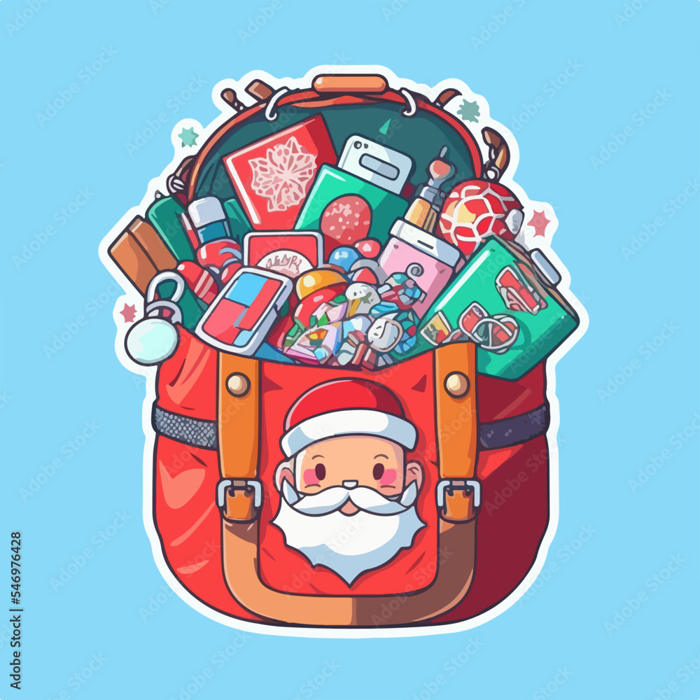 Christmas santa's bag sticker, xmas bag full of toys stickers isolated decoration. Winter collection