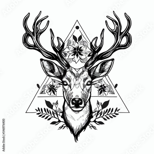 Fotobehang Vector illustration of black deer head with flowers and triangle shapes on white