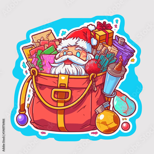 Christmas santa's bag sticker, xmas bag full of toys printable stickers sheet. Winter collection © Llama-World-studio